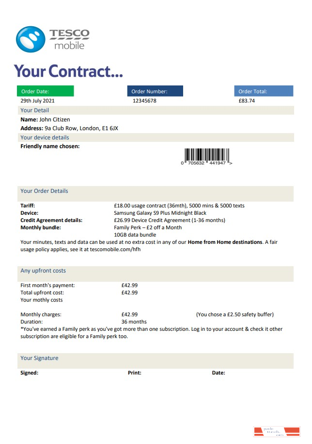United Kingdom Tesco Mobile utility bill template in Word and PDF format